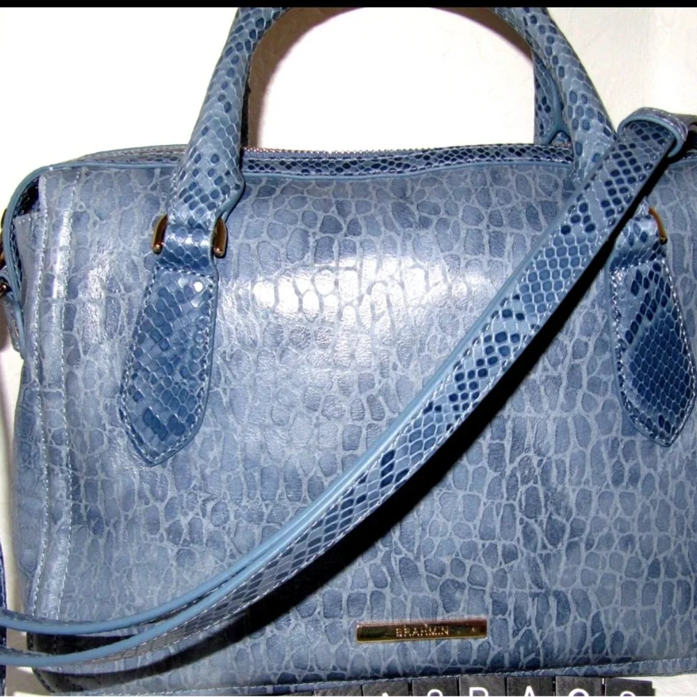 Brahmin Micaela Blue Snake Textured Genuine Leather Satchel